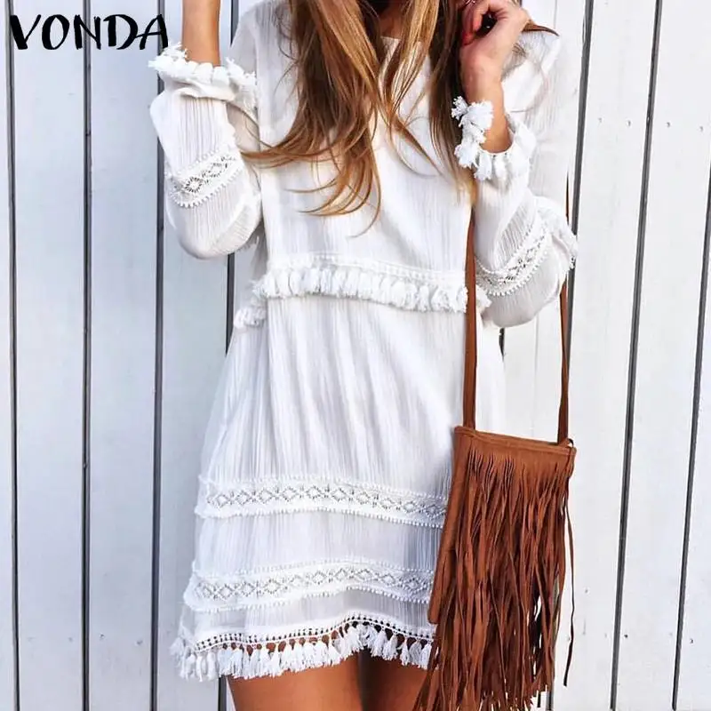 VONDA, сексуальные, с длинным рукавом, одноцветные, с кисточками, вечерние, мини-платья,, для женщин, Осенние, повседневные, свободные, богемное пляжное платье, для беременных, Vestidos