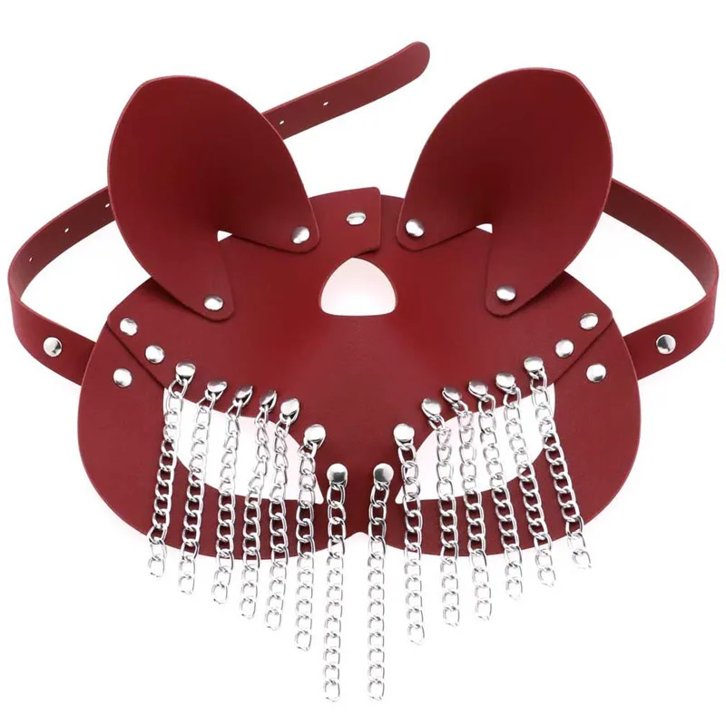 Women Sexy Mask Blindfold Tassels Chains Half face fox Cosplay Pu Leather Mask Halloween Party Masquerade Ball Masks Punk Collar
