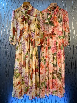 

2020 Spring and Summer New Women's Ribbon Tied Scarf Neckline Decorated Long-Sleeved Printed Dress 404