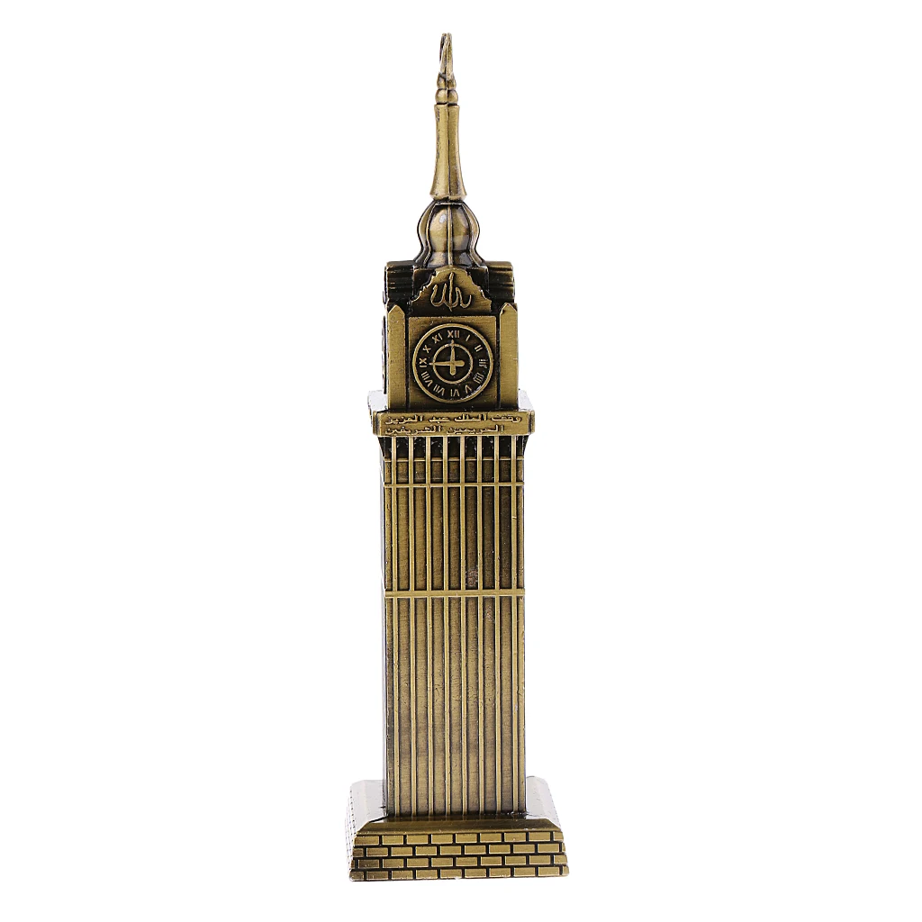 Retro Metal Mecca Tower Statue w/ Clock Building Figurine Model for Home Decor Bars Cafes Restaurants Wedding Party Ornament