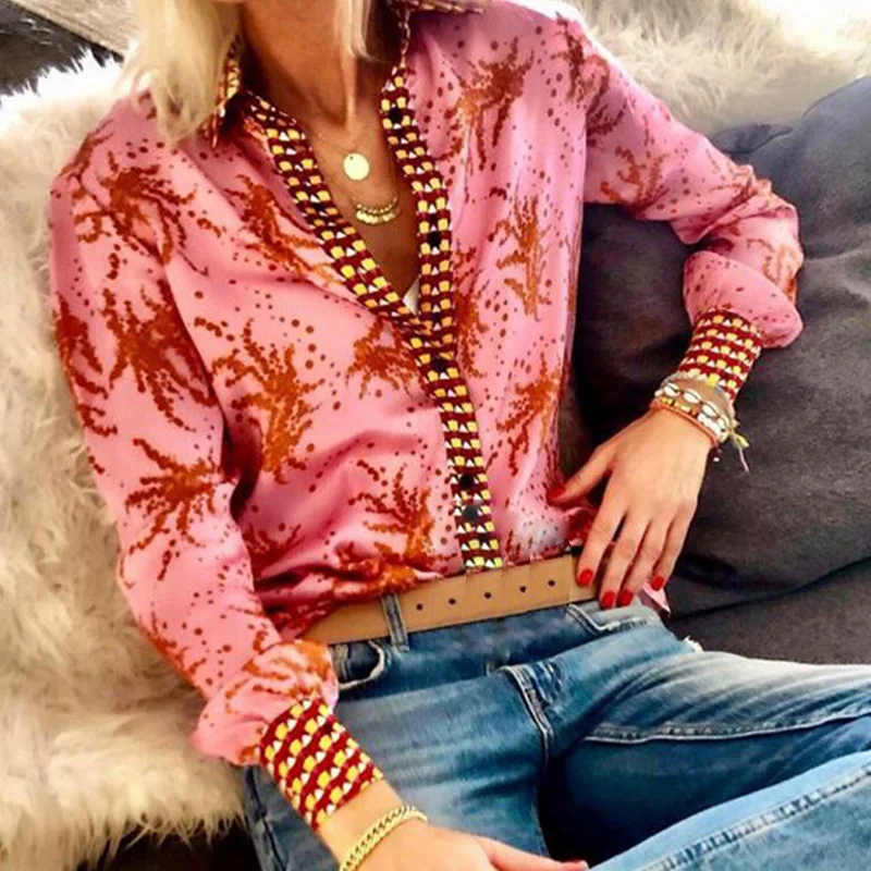 

2020 Spring Sexy Notched Collar Fashion Floral Print Boho Blouse Loose Shirt Button Tops Blouses Femme