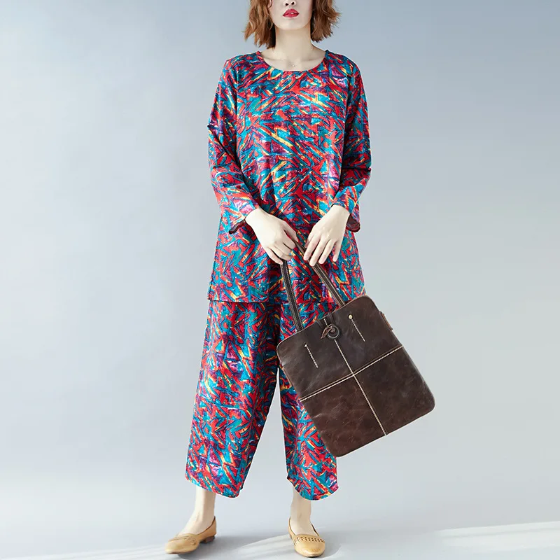 

2019 Spring New Style Ethnic-Style Casual Cotton Linen T-shirt Retro Loose-Fit Printed Loose Pants Two-Piece Women's