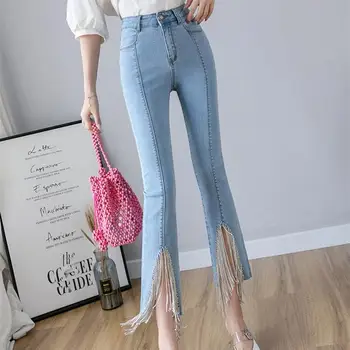 

Women High Waist Beads Tassel Flare Jeans 2019 Blue Elastic Waist Denim Pants Casual Slim Skinny Trousers