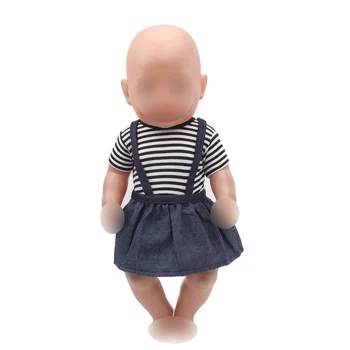 

43 cm baby dolls Dress newborn Black stripe T-shirt + black denim skirt with suspenders fit American 18 inch Girls doll f258