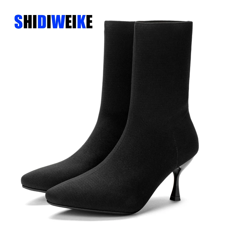 

New Women Sock Boots Pointed Toe Elastic High knittin Slip On Heel High Ankle Pumps Stiletto Botas Mujer High Boots Zapatos Muje