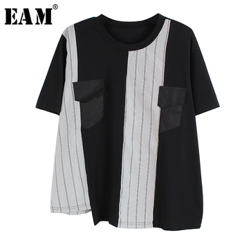 

[EAM] Women Black Striped Pocket Split Big Size T-shirt New Round Neck Short Sleeve Fashion Tide Spring Summer 2020 1S586