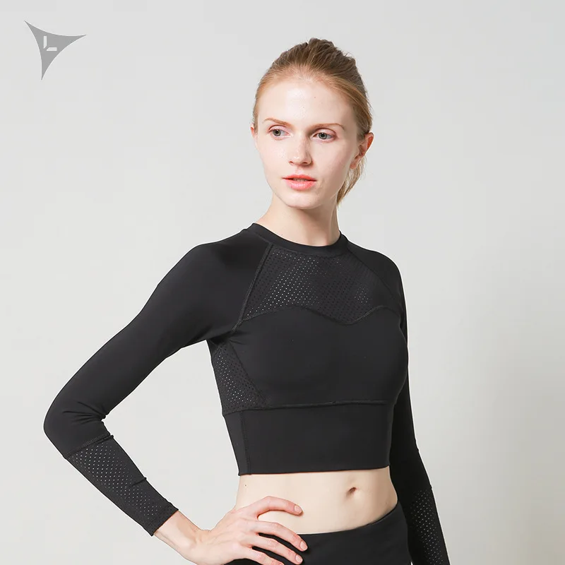 Black Женские футболки для йоги, спортивный топ для тренировок, женский короткий топ с длинными рукавами, футболка для спортзала или йоги, спортивная одежда, сезон Camisa Feminina - Цвет: Black