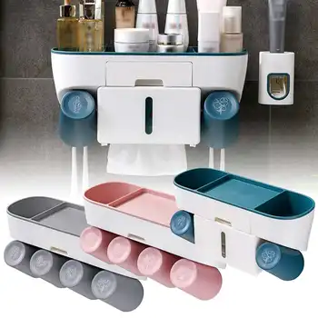 

Toothbrush Holder Bathroom Accessories Toothpaste Squeezer Dispenser Tissue Storage Shelf Set With Cup For Bathroom Adsorption