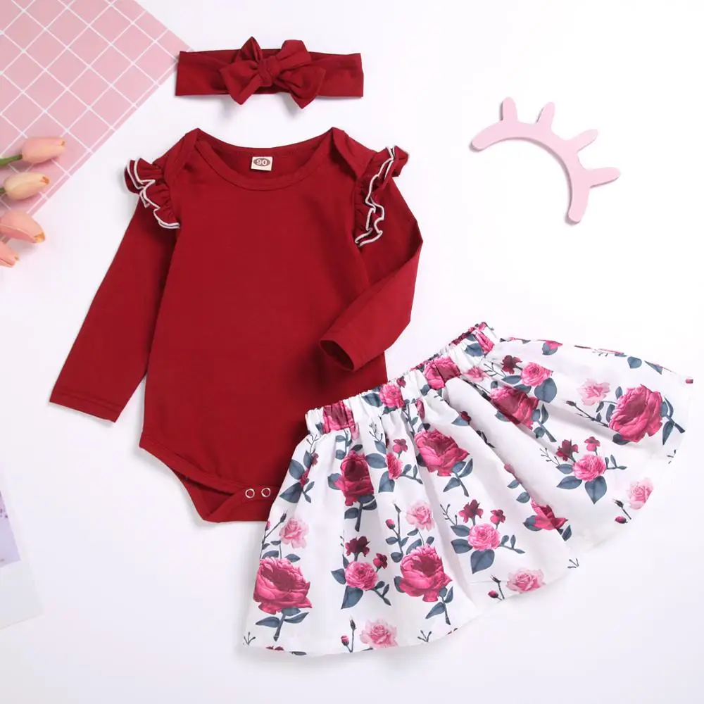 Комплект одежды для Новорожденные девочки, 3 предмета, однотонный комбинезон с длинными рукавами и оборками, топы, юбки с цветочным рисунком+ повязка на голову, дизайн с оборками