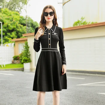

High Quality Women Sweater Dress 2020 Autumn Winter Long Sleeve Lapel Knitted Black Dress Fashion Tunic Pleated Jumper Dress