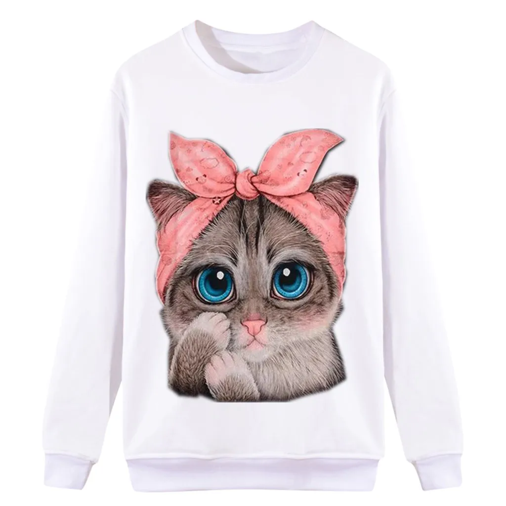 Womail кофты Для женщин Повседневное пачка с длинными рукавами с принтом «кошка», с О-образным вырезом, осенний модный свитер, надеваемый через голову; свитер с круглым воротом; Mujer; короткие Для женщин толстовка