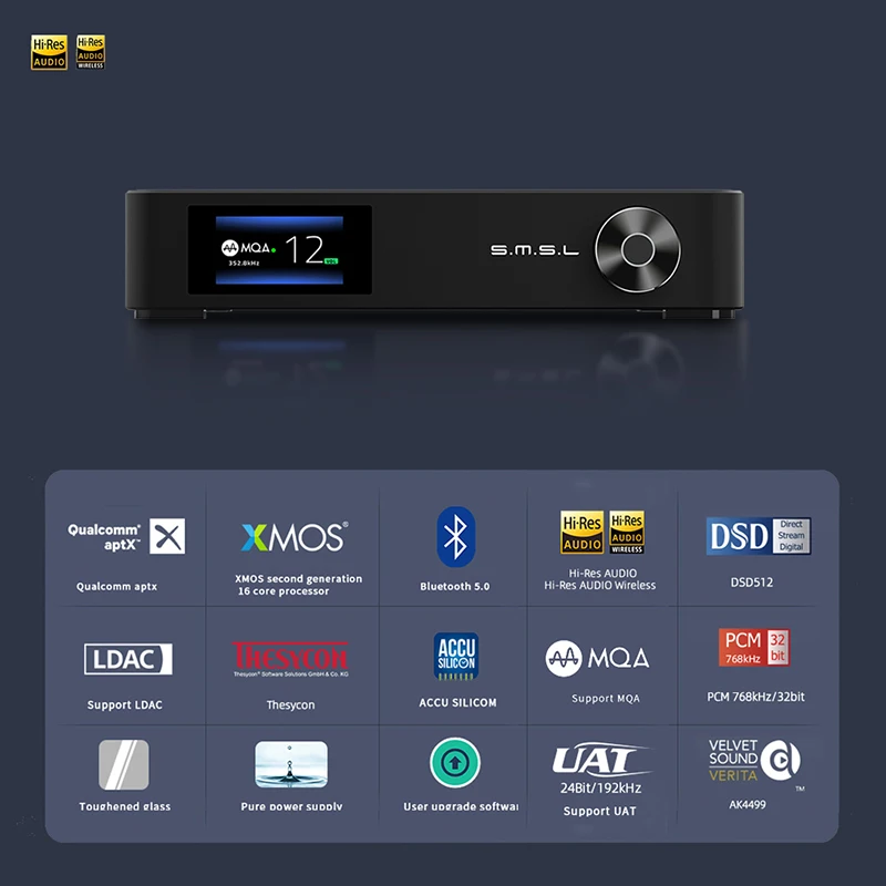 SMSL M400 ЦАП чип AK4499 Поддержка MQA декодирования DSD 32 бит 768 кГц USB XMOS XU216 Bluetooth ТПП