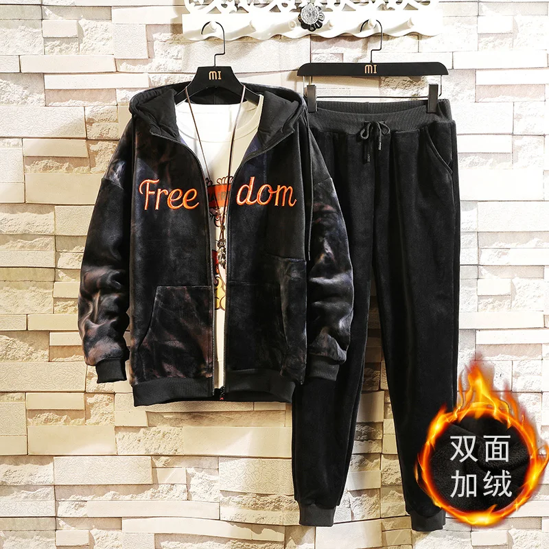 

Winter New Mens Sweatshirt Hoodie Top Letters Pattern Velvet Comfortable Soft Velvet Hooded Coat Trousers 2pcs Set Plush Liner D