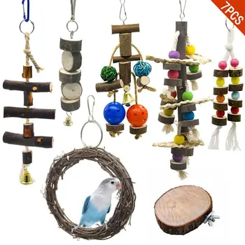 

7 Pcs Bird Cage Wood Block Swing String Stand Hanging Chewing Hollow Foraging