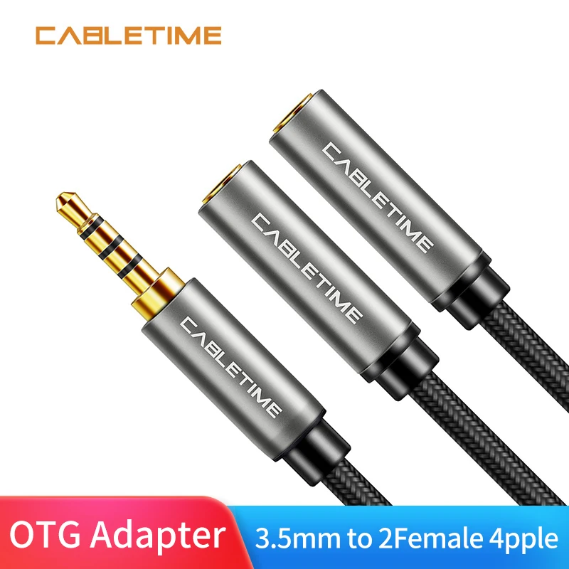 

Cabletime 3.5mm 4pple Headphone Splitter Y Audio Cable 3.5 Jack Male to 2 Female Aux Cable for Microphne Music 8inch N230