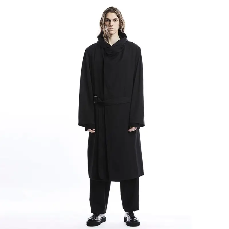

Hooded casual men's overcoat trench coat belt over the knee worsted wool coat