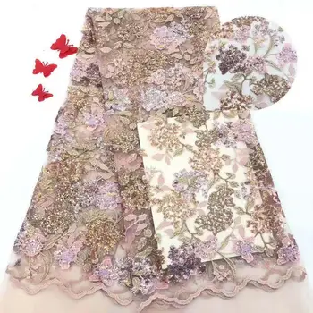 

Madison African Fabrics Flowers High Quality 2019 Nigerian Net Lace Fabric with Sequins Sequence Lace for Women Dress