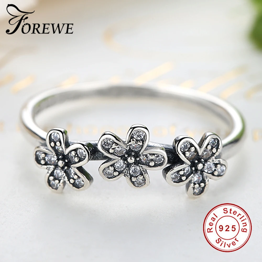 FOREWE 925 серебро Цветы палец кольца завораживающее украшение с луговыми цветами штабелируемое кольцо, прозрачный CZ для женщин Свадебные украшения