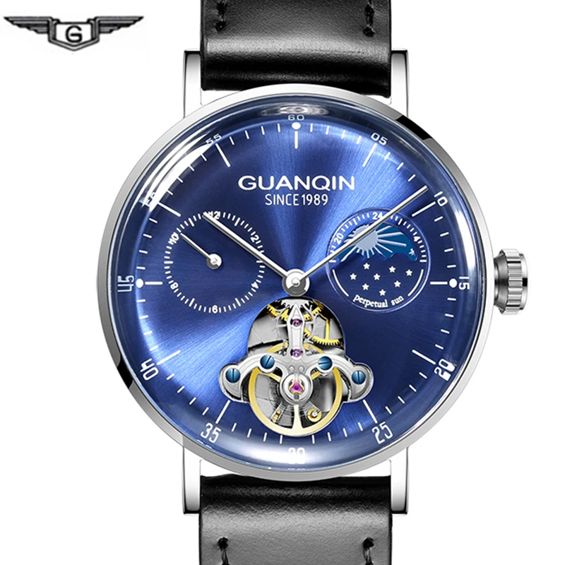 アウトレット特売 トゥールビヨン Guanqin メンズ自動機械式時計トップブランドの高級スケルトン腕時計メンズファッション革防水 Montre オム アウトレット売上 Pnlp Sn