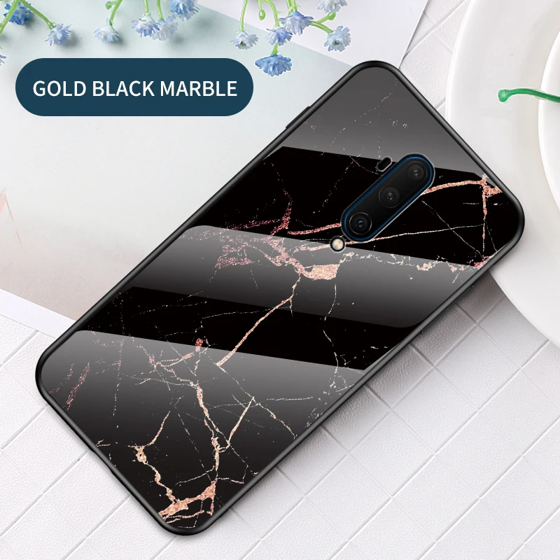 Цветной чехол для Oneplus 7T Pro mlaren, чехол с мраморной текстурой, чехол из закаленного стекла для Oneplus 7T Pro, защитная задняя крышка - Цвет: Golden Silk Black