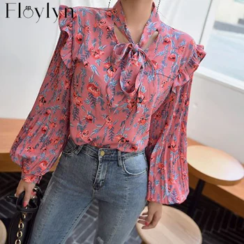 

Floylyn Elegant Lace Up Floral Print Lantern Sleeve Women Blouse Tops Female Ruffles Loose Shirts