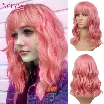 

HOUYAN Pink wig Lolita short bob wig and bangs cosplay water wave synthetic wig women's style changeable