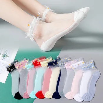

1 Pair Summer Ultra Thin Socks Women Transparent Lace Crystal Silk Daisy Flower Ruffle Girls Elastic Short Socks