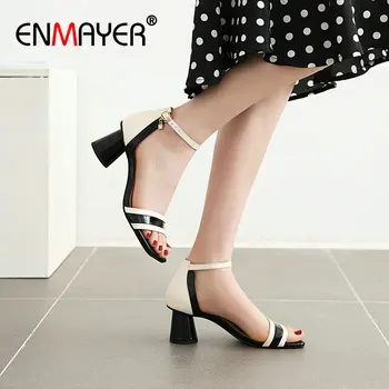 

ENMAYER PU Women Sandals Basic Buckle Strap 2020 Office & Career Gingham Women Shoes Fashion Cover Heel Platform Sandals 34-43