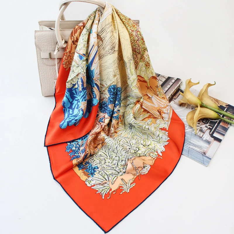

Luxury 100% Twill Silk Scarf Women Fashion Bandana Mountain & Tree Print Shawl Kerchief Hand Rolled Hijab 90*90cm