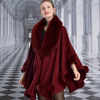 

Z055 European and American Imitation Rex Rabbit Fur Cloak Big Fur Collar Luxury Lady Shawl Women Cape Coat Poncho