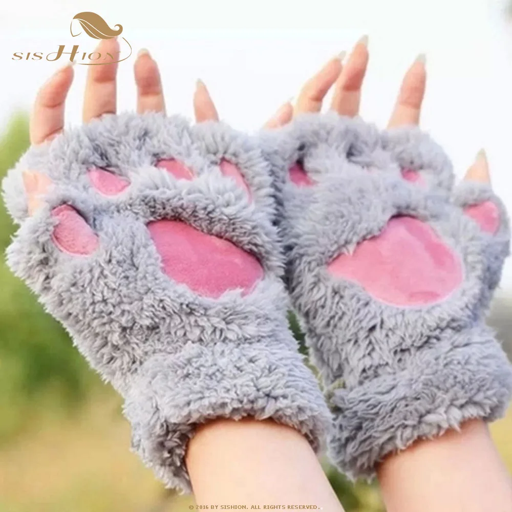 SISHION/зимние милые теплые перчатки без пальцев с когтями из мультфильма для девочек, с изображением кота, с густым пухом, с медвежьими лапами, с половинными пальцами, SP0504