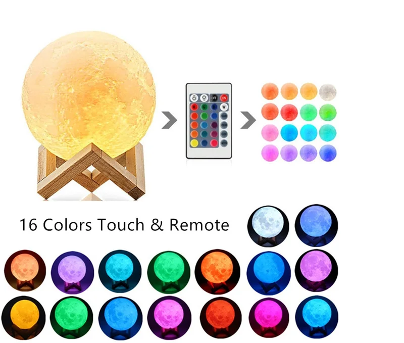 

Lunar 3D Printing Night Charging Lamp 2 Color Control Lamp 16 Color Remote Control LED Christmas Moon Gift Lamp
