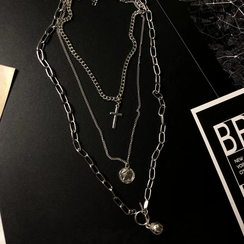 Korea Harajuku Street Hip Hop Stainless Steel Multilayer Cross Pendant Necklace Men and Women Personality Pendant Accessories
