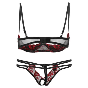 

Sexy 2 Piece Set Women Lingerie Set Embroidery Open Crotch Exotic Apparel Floral Japanese Lace Underwear Bikini Christma Gift
