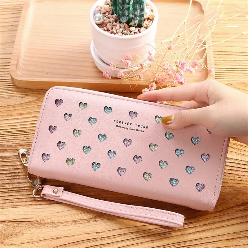 Light Pink Полый в форме сердца кошелек женский длинный кошелек на молнии кошельки Portefeuille женский кошелек клатч сумка для денег портмоне ID держатель бумажник женский портмоне кошелек женский кашелек женский кошелек женский - Цвет: Light Pink