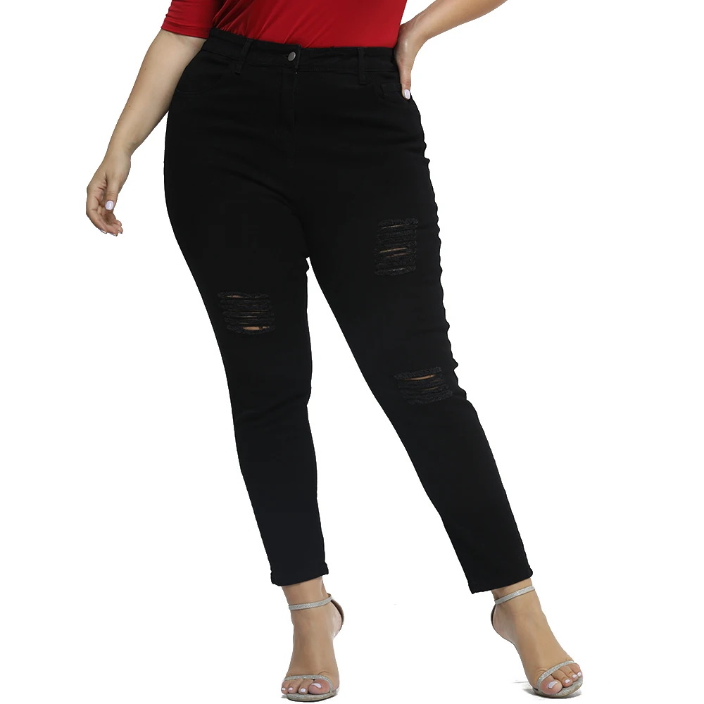 

4XL Plus Size Jeans Feminino Hole High Waist Jeans feminina Autumn Skinny Jeans Woman Casual Black Pencil Denim Pants Ladies D30