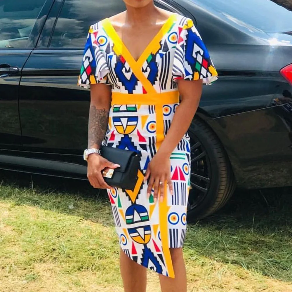 

Color Block Geometric Pattern Printed Women Dress Summer Sexy Backless Asymmetric Office Midi Dress Short Sleeve Party Robe
