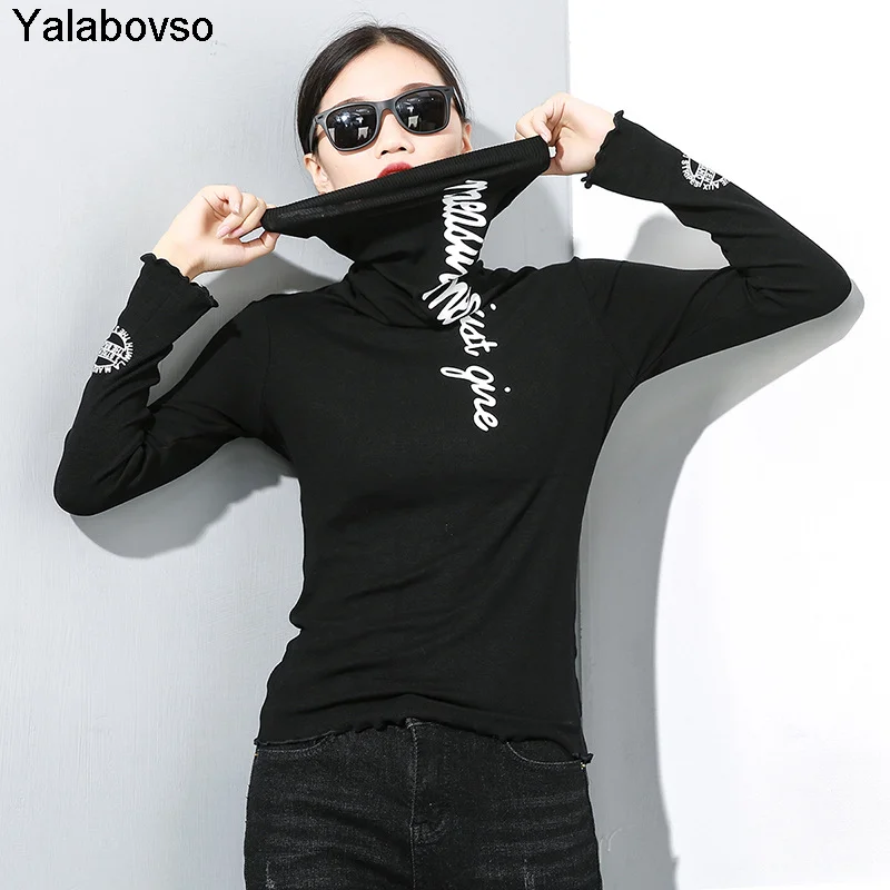 

2020 Autumn New High Collar Elastic Printed T-shirt Trend Slim Long Sleeve Tops For Women Harajuku Blac Color Tees Female
