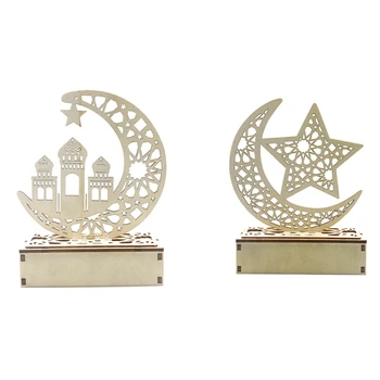 

2pcs Wooden Eid Mubarak Moon Star Hanging Pendant Plate with Led String Lights Ramadan Eid Mubarak Wooden - B & C
