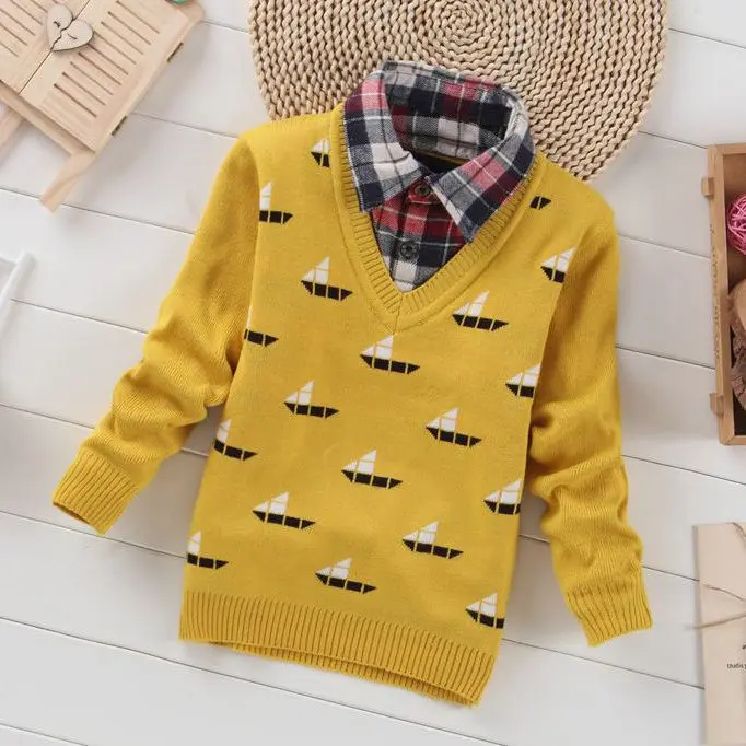 boat-yellow Kids Boys Sweater Autumn Winter Knitted Cotton Toddler Clothing Kids pullover Sweater For Boys 3-10 Years Outerwear warm - Color: boat-yellow