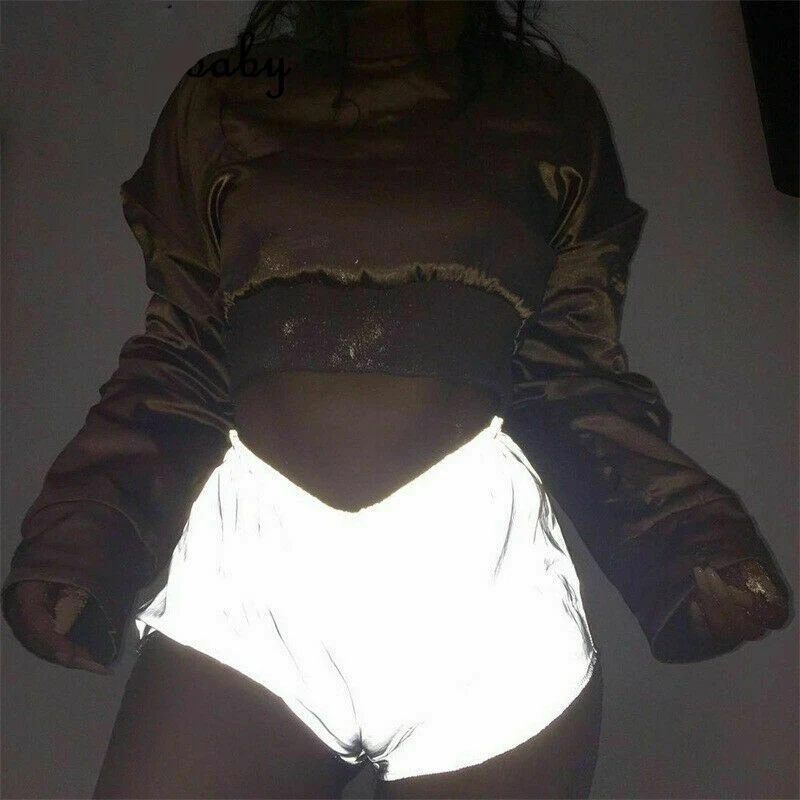 Ночной свет светоотражающие шорты женские хип-хоп блестящие короткие брюки повседневные Шорты однотонные с низкой талией с резинкой в талии сексуальный шорты