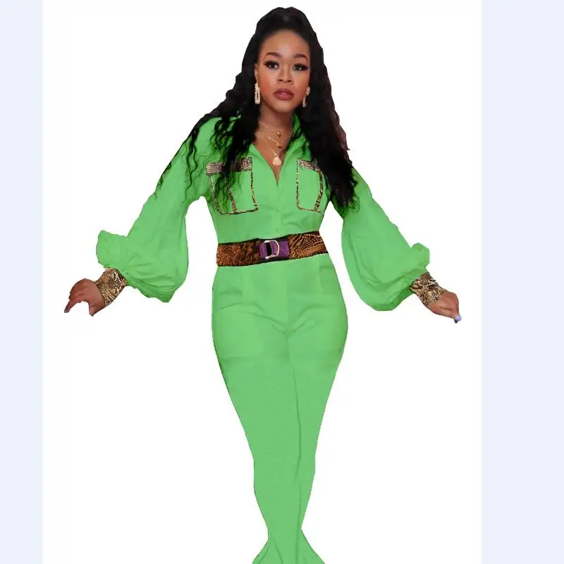Fashion style sashes jumpsuits office lady puff sleeve full length rompers solid color high waist jumpsuits   ML8095
