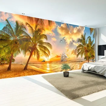 

Custom Wall Mural Non-woven Wallpaper Beach Sunset Coconut Tree Nature Landscape Photo Backdrop Wallpapers For Living Room