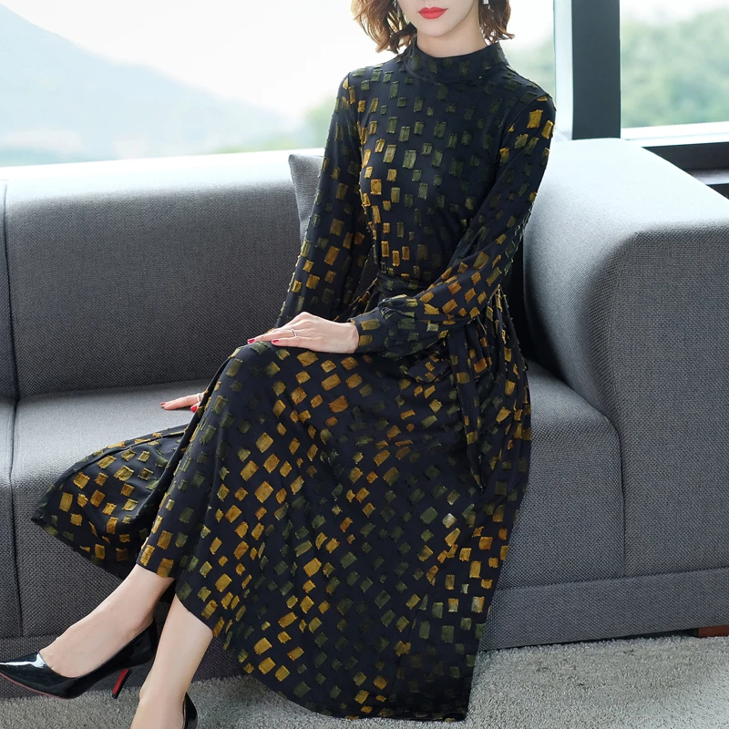 

Lantern Sleeve Sashes Plaid Maxi Dresses New Spring Long Turle-neck Ripped Spring Dress Womens Maxi Dresses With Long Sleeves