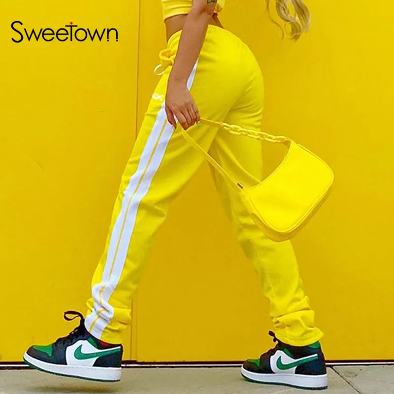 Sweetown Street Style Side Striped Women Jogger Sweatpants Drawstring High Waist Running Trousers Female Casual Pants Harajuku Sweetown Street Style Side Striped Women Jogger Sweatpants Drawstring High Waist Running Trousers Female Casual Pants Harajuku