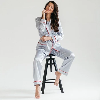 

HECHAN Silver Satin Sleepwear Women Suit Sets Contrast Striped Robe Two Piece Set Autumn Night Wear With Pants Female Home Wear