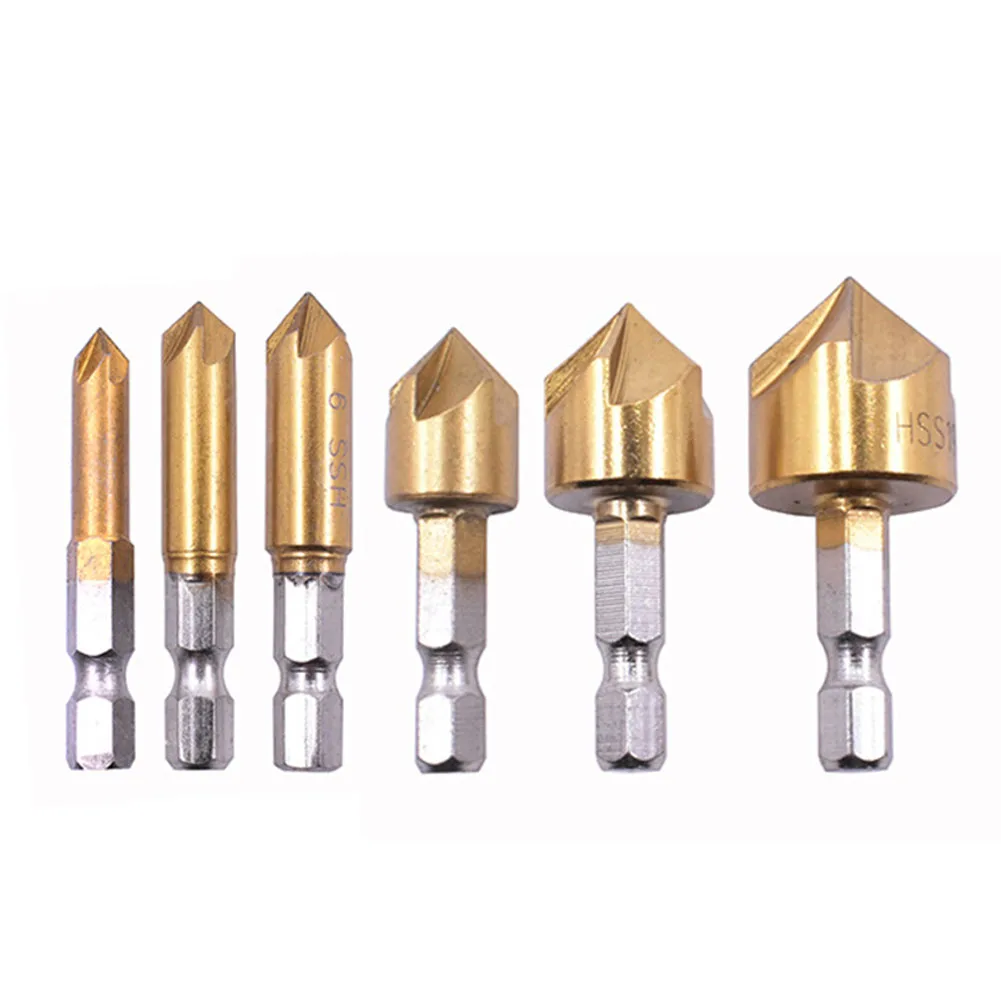 

6pcs Cutter Hand Tools 90 Degree Counter Sink Hole Woodworking Tianuim Coated HSS Drill Bit Set Hex Shank 5 Flute High Hardness