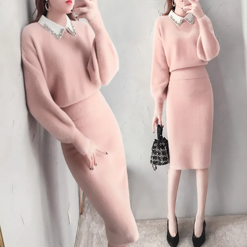 Goddess Sweater Two Piece Set Top And Skirt Knitted Suit 2 Piece Set Women Skirt Ensemble Femme Survetement Conjunto Feminino