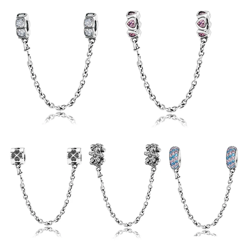 

100% Authentic 925 Sterling Silver charms Safety Chain Round Elegant CZ Bead 5 style Fit Original Pandora Charm Bracelet Jewelry