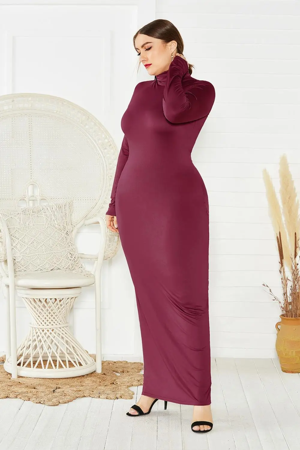 Árad vmiből Őszies Nők tömör Lezser Csekély bodycon Göngyöleg Menő maxi ruhát stv Ingujj Garbónyak Nyújtható stv dresses Vmint méret Bor színe